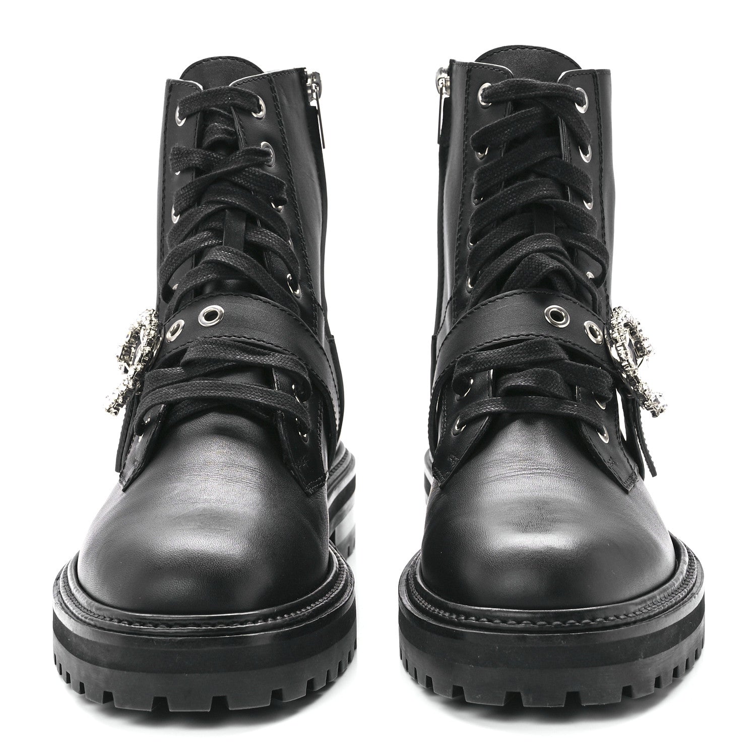 Jimmy Choo Calfskin Crystal Embellished Cora Flat Combat Boots Black 41 2 of 7
