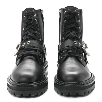 Jimmy Choo Calfskin Crystal Embellished Cora Flat Combat Boots Black 41 2 of 7