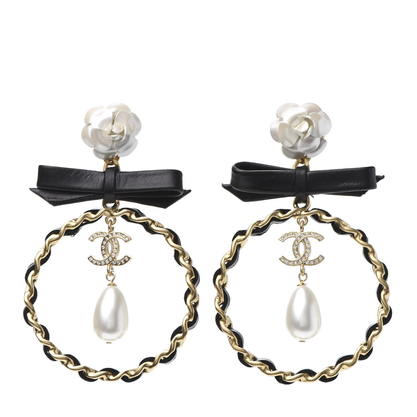 Calfskin Metal Pearl 90’s Camellia CC Hoop Earrings Gold Black