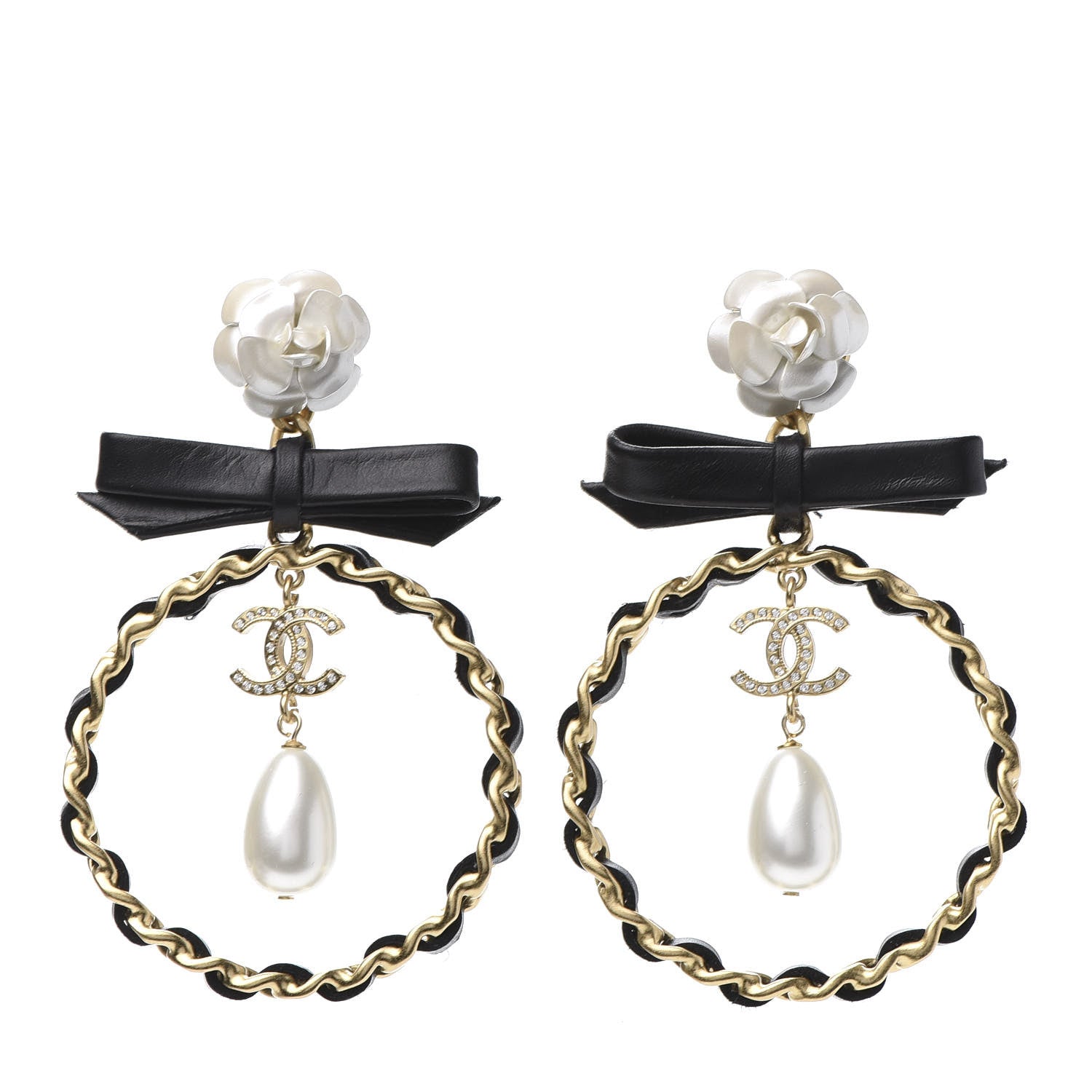 Chanel Calfskin Metal Pearl 90’s Camellia CC Hoop Earrings Gold Black 1 of 5
