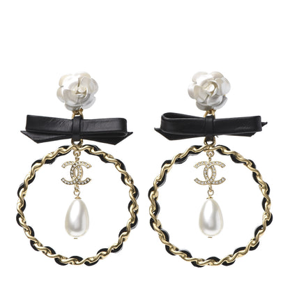 Chanel Calfskin Metal Pearl 90’s Camellia CC Hoop Earrings Gold Black 1 of 5