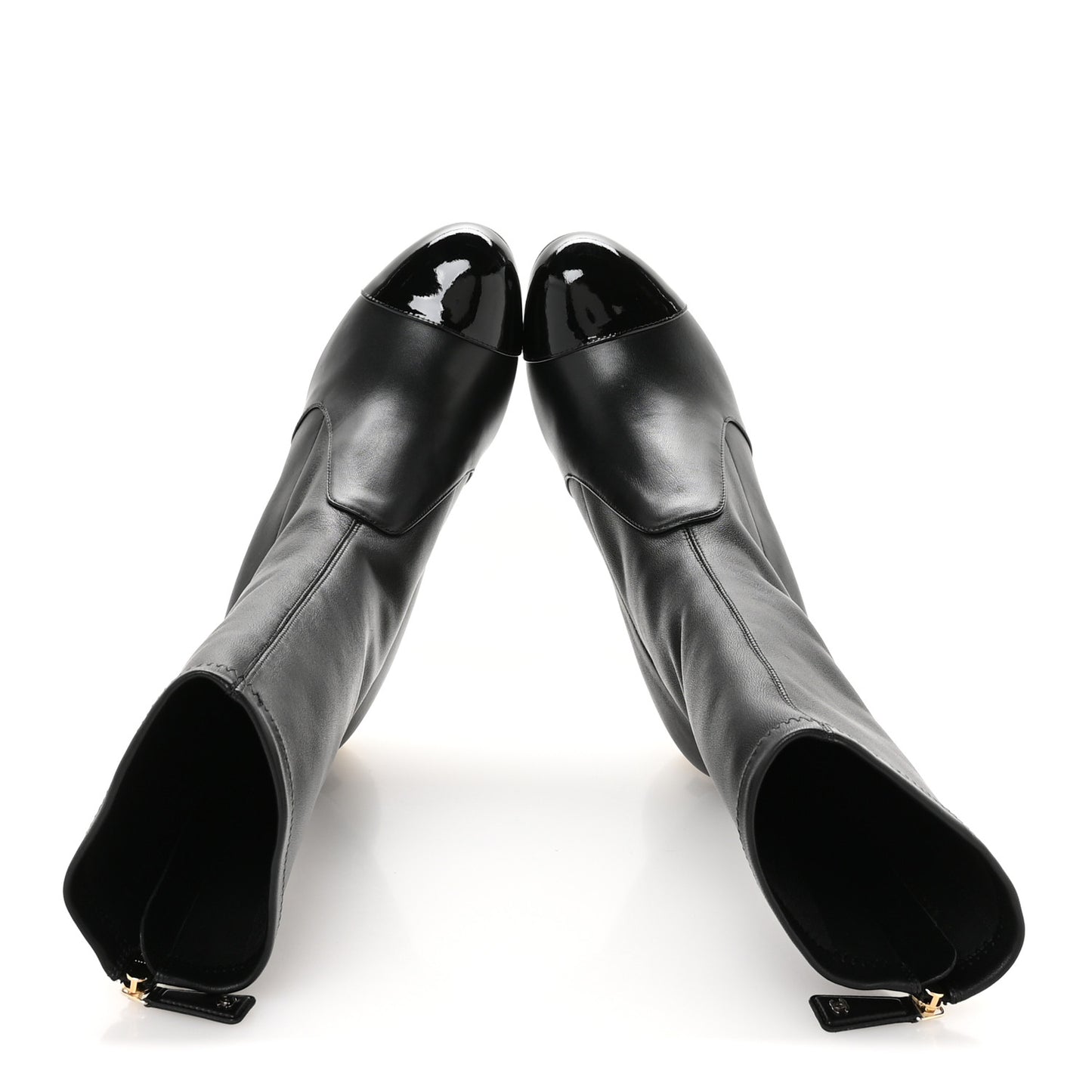Stretch Lambskin Patent Cap Toe Pearl Ball Mid Calf Boots 38 Black