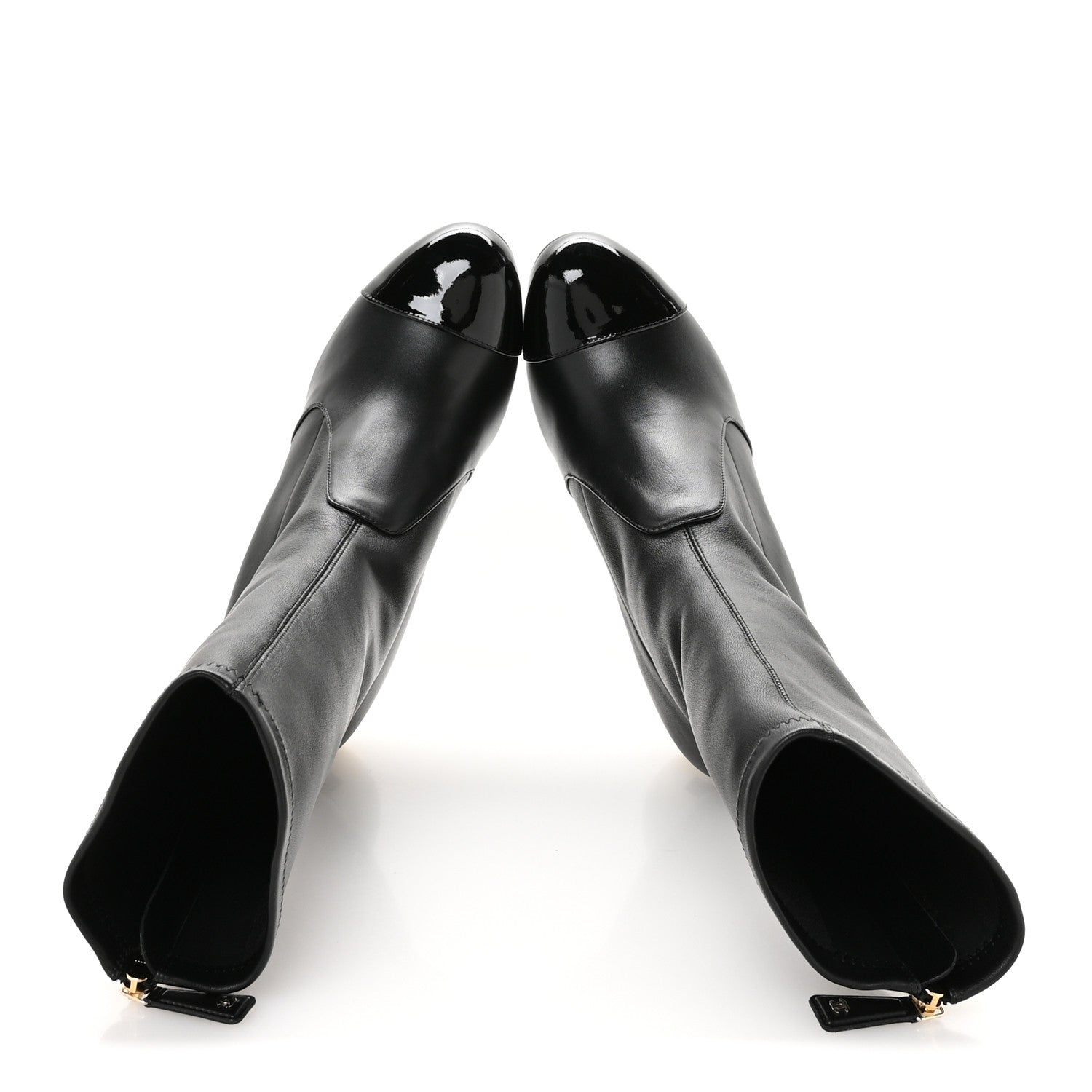 Chanel Stretch Lambskin Patent Cap Toe Pearl Ball Mid Calf Boots 38 Black 2 of 9