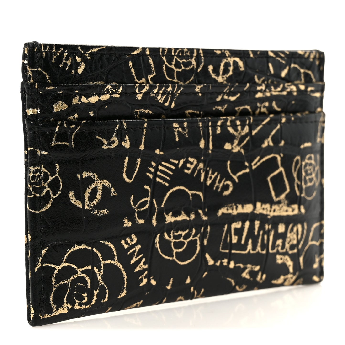 Calfskin Crocodile Embossed Graffiti 2.55 Cocodile Reissue Card Holder Black Gold