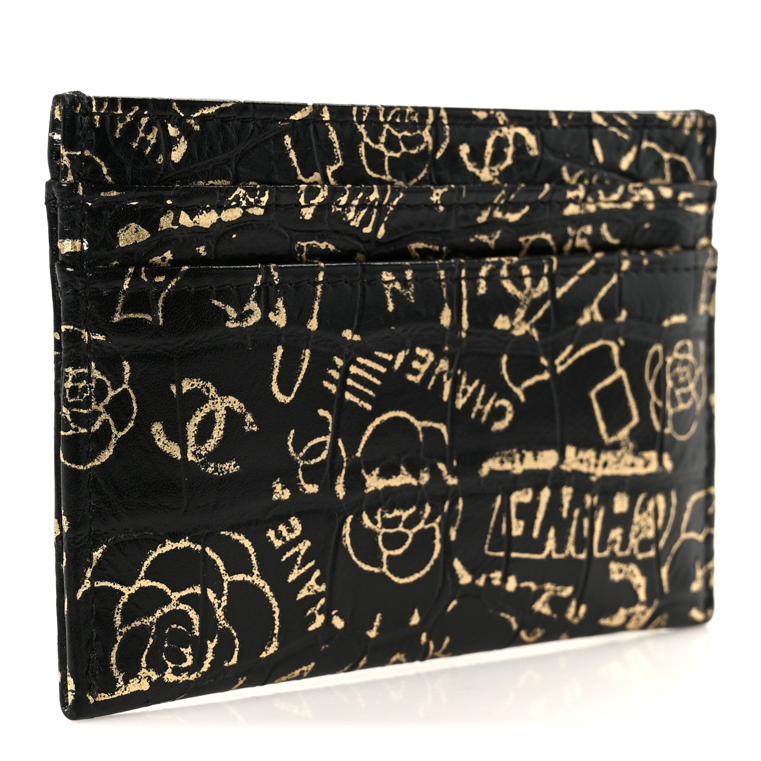 Chanel Calfskin Crocodile Embossed Graffiti 2.55 Cocodile Reissue Card Holder Black Gold 3 of 10
