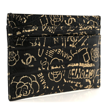 Chanel Calfskin Crocodile Embossed Graffiti 2.55 Cocodile Reissue Card Holder Black Gold 3 of 10