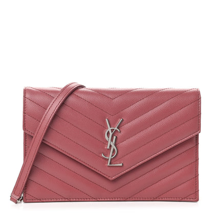 Saint Laurent Grain De Poudre Matelasse Chevron Monogram Envelope Chain Wallet Mystic Rose 1 of 9