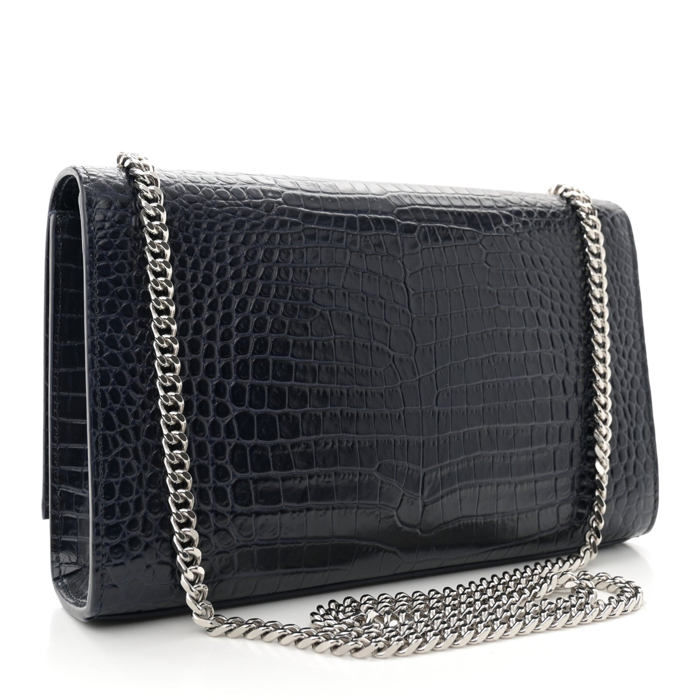 Calfskin Crocodile Embossed Medium Classic Monogram Kate Tassel Satchel Deep Marine