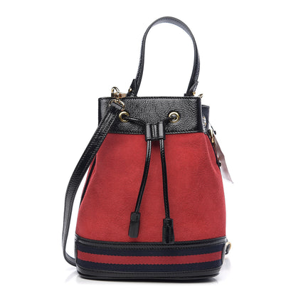 Gucci Suede Patent Web Small Ophidia Bucket Bag Hibiscus Red Black 1 of 9