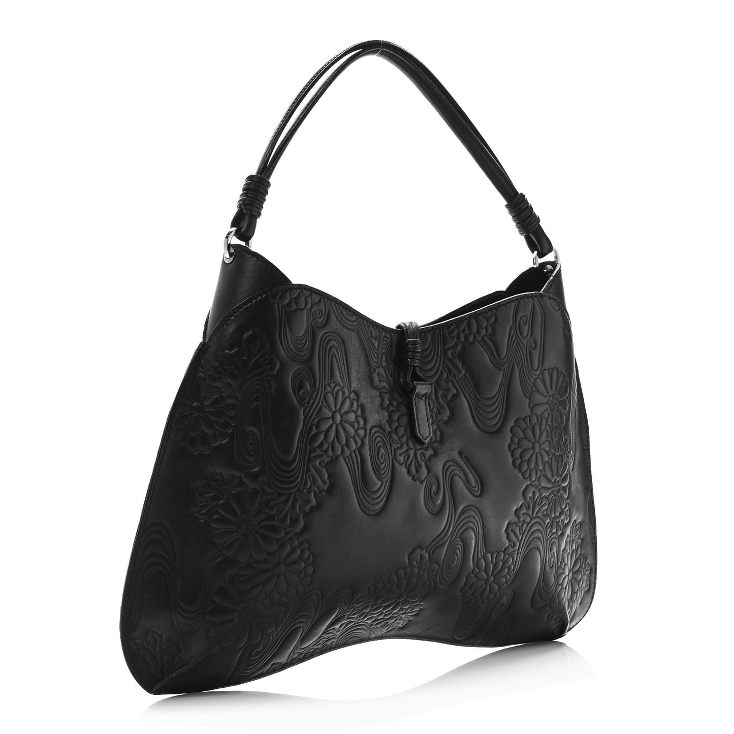 Calfskin Embossed Floral Shoulder Bag Black