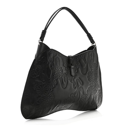 Valentino Garavani Calfskin Embossed Floral Shoulder Bag Black 3 of 9