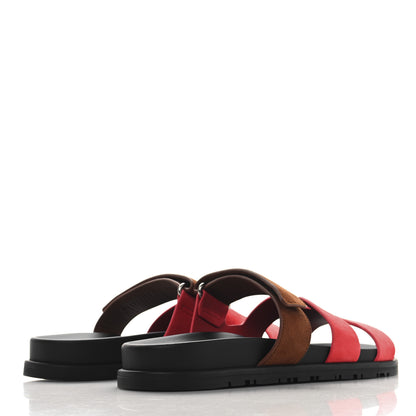 Hermes Suede Goatskin Womens Chypre Sandals Rouge Cinétique 38.5 Rouge Cinétique Gold 5 of 10