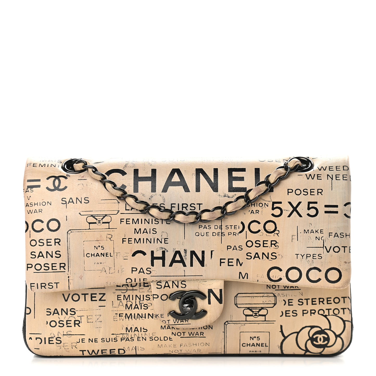 Lambskin Hand Painted Medium Double Flap Ecru Black