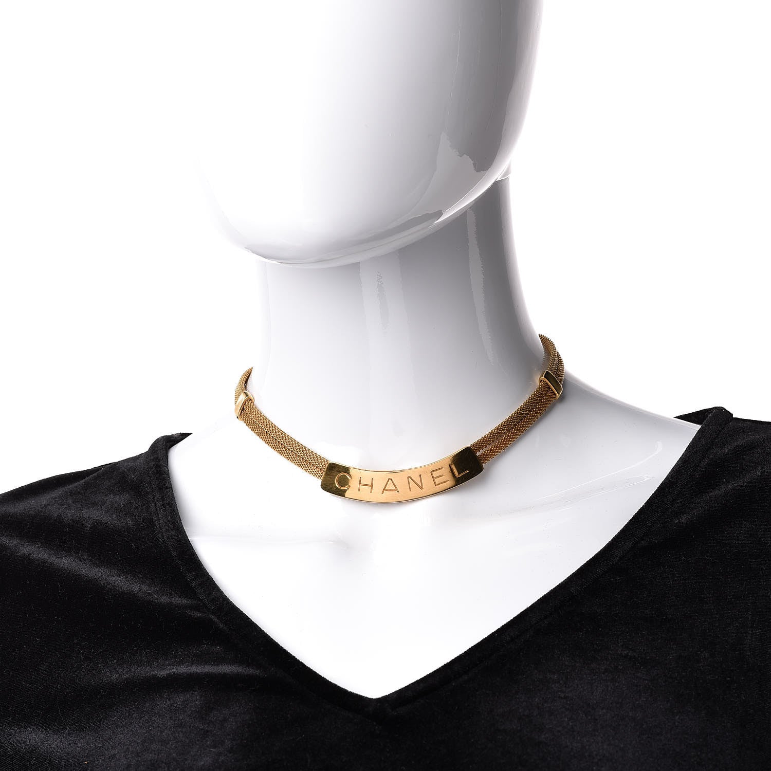 Chanel Metal Mesh Logo Choker Necklace Gold 2 of 5