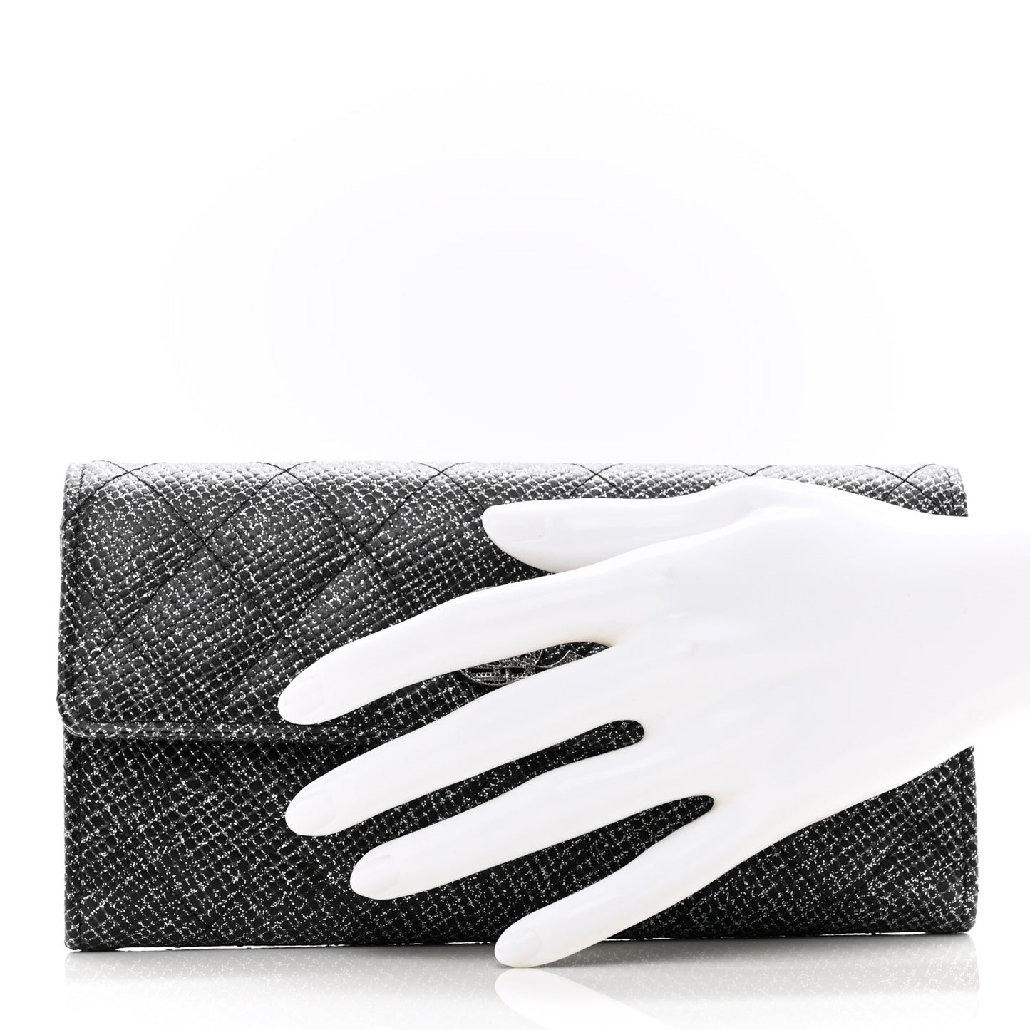 Glittered Calfskin Quilted Large Gusset Flap Wallet Dark Grey