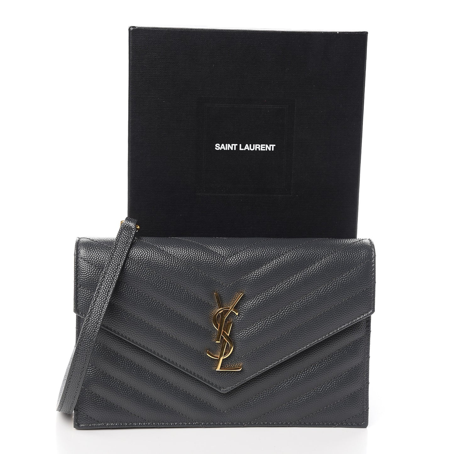 Grain De Poudre Matelasse Chevron Monogram Envelope Chain Wallet Dark Smog