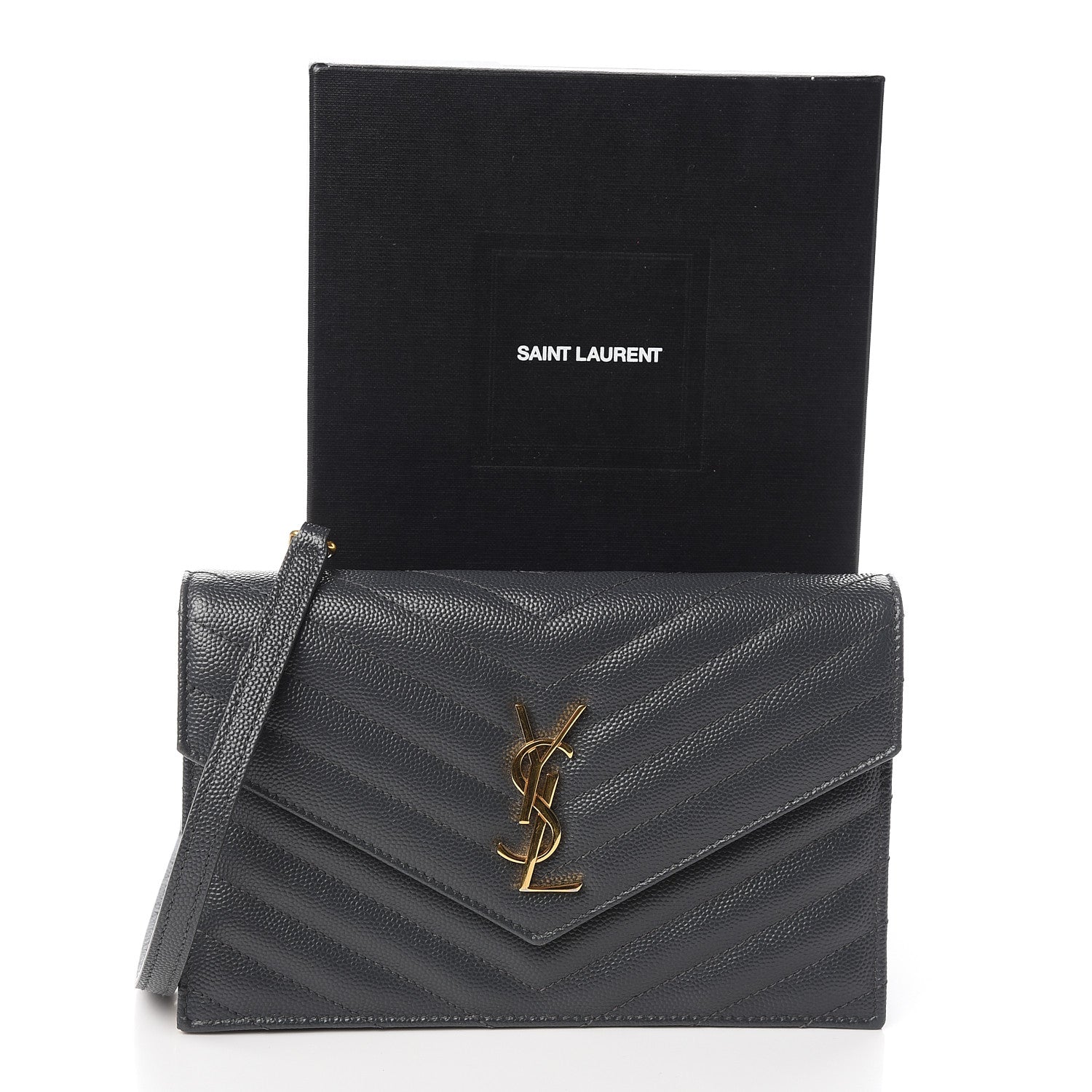 Saint Laurent Grain De Poudre Matelasse Chevron Monogram Envelope Chain Wallet Dark Smog 11 of 11