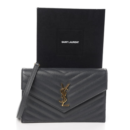 Saint Laurent Grain De Poudre Matelasse Chevron Monogram Envelope Chain Wallet Dark Smog 11 of 11