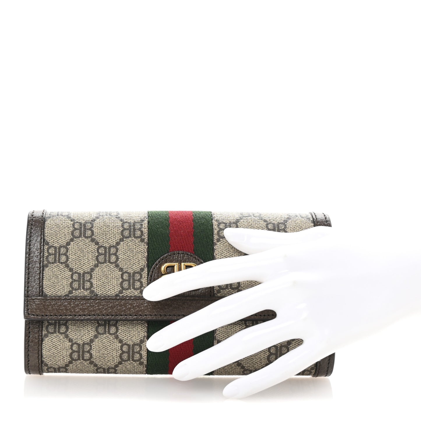 X BALENCIAGA BB Supreme Monogram Textured Dollar Calfskin Web Ophidia Continental Wallet Beige Ebony New Acero