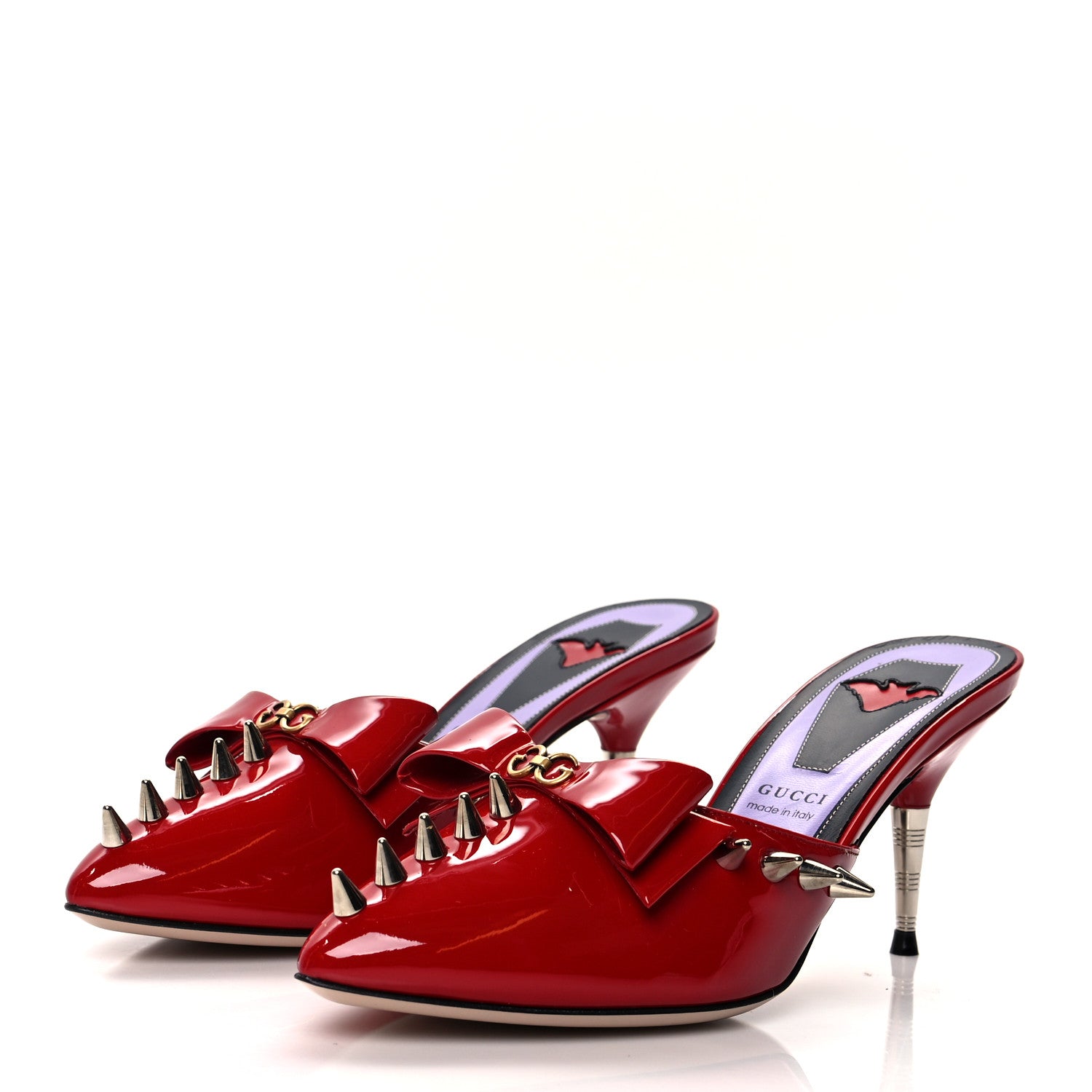 Gucci Patent GG Bow Sadie Spike Mid Heel Mules 37 Red 3 of 7