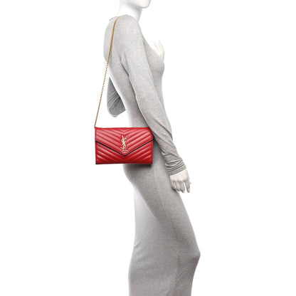 Saint Laurent Grain De Poudre Matelasse Chevron Monogram Chain Wallet Red 2 of 13