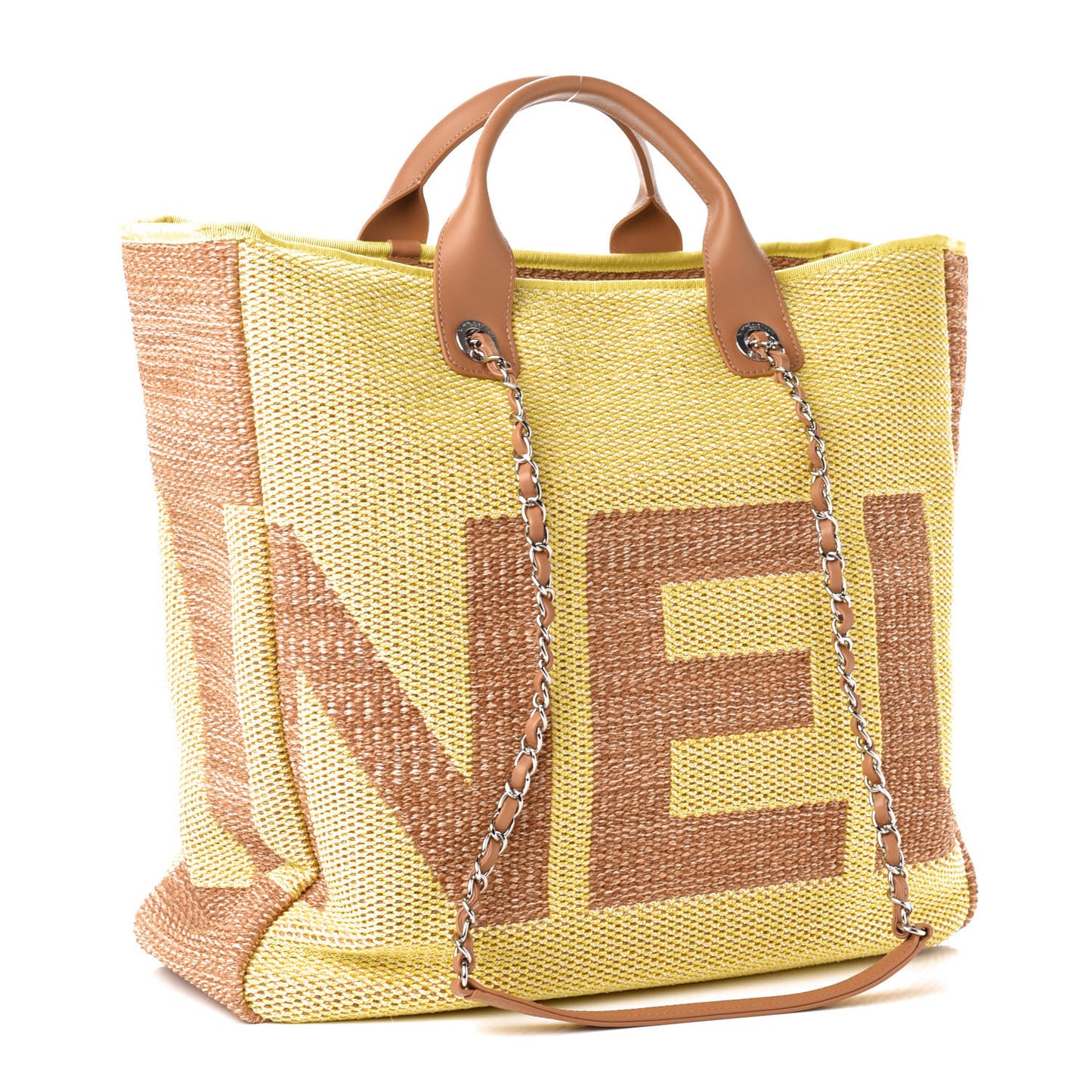 Mixed Fibers Large Shopping Bag Yellow Brown