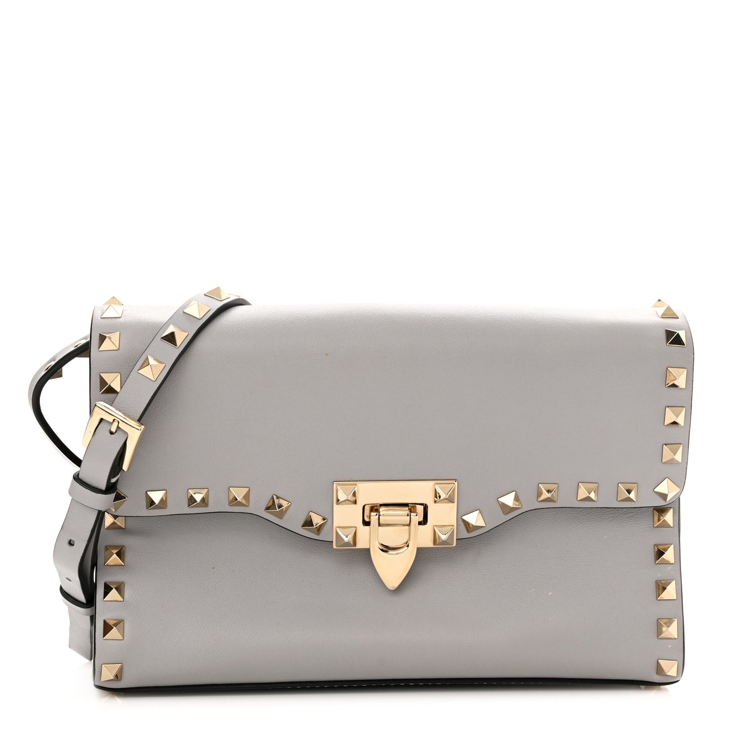 Pebbled Calfskin Medium Rockstud Flip Lock Crossbody Bag Pastel Grey