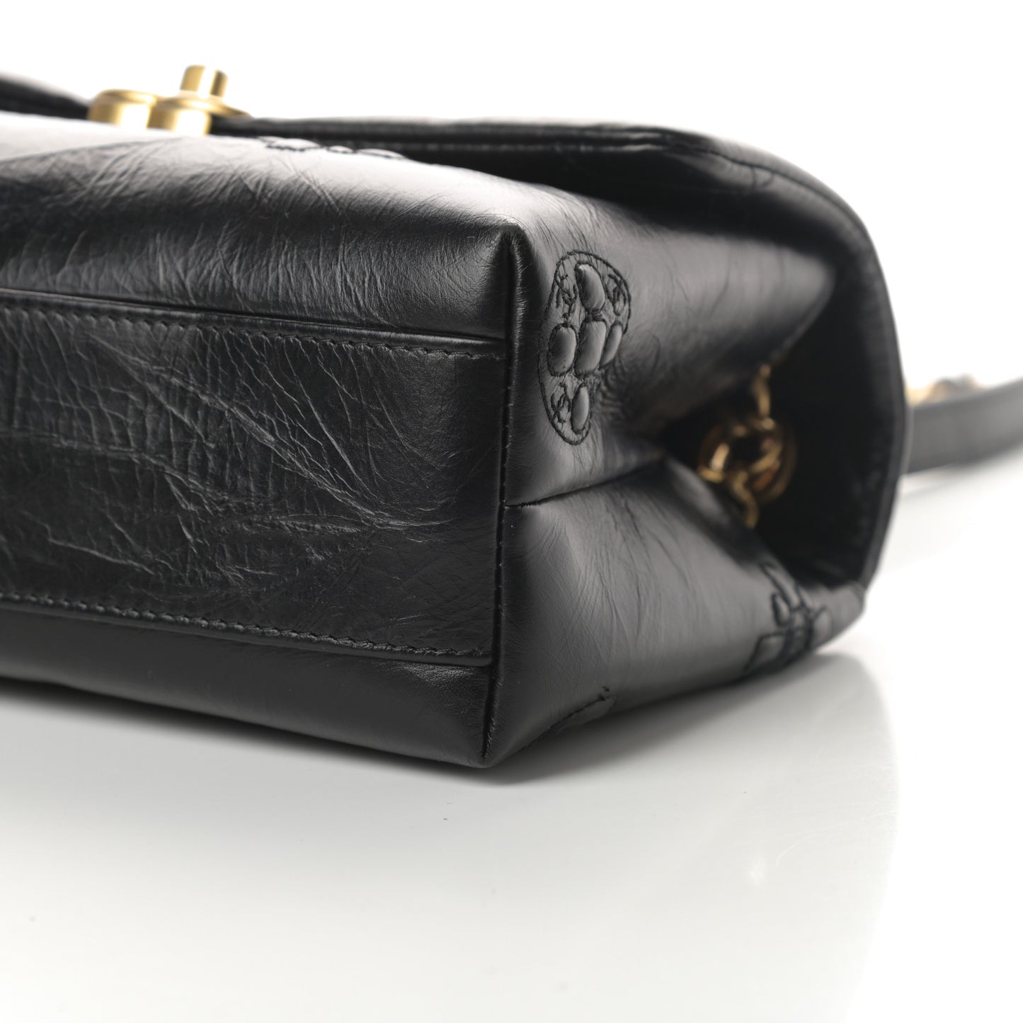 Aged Calfskin Embossed Camellia Flap Black