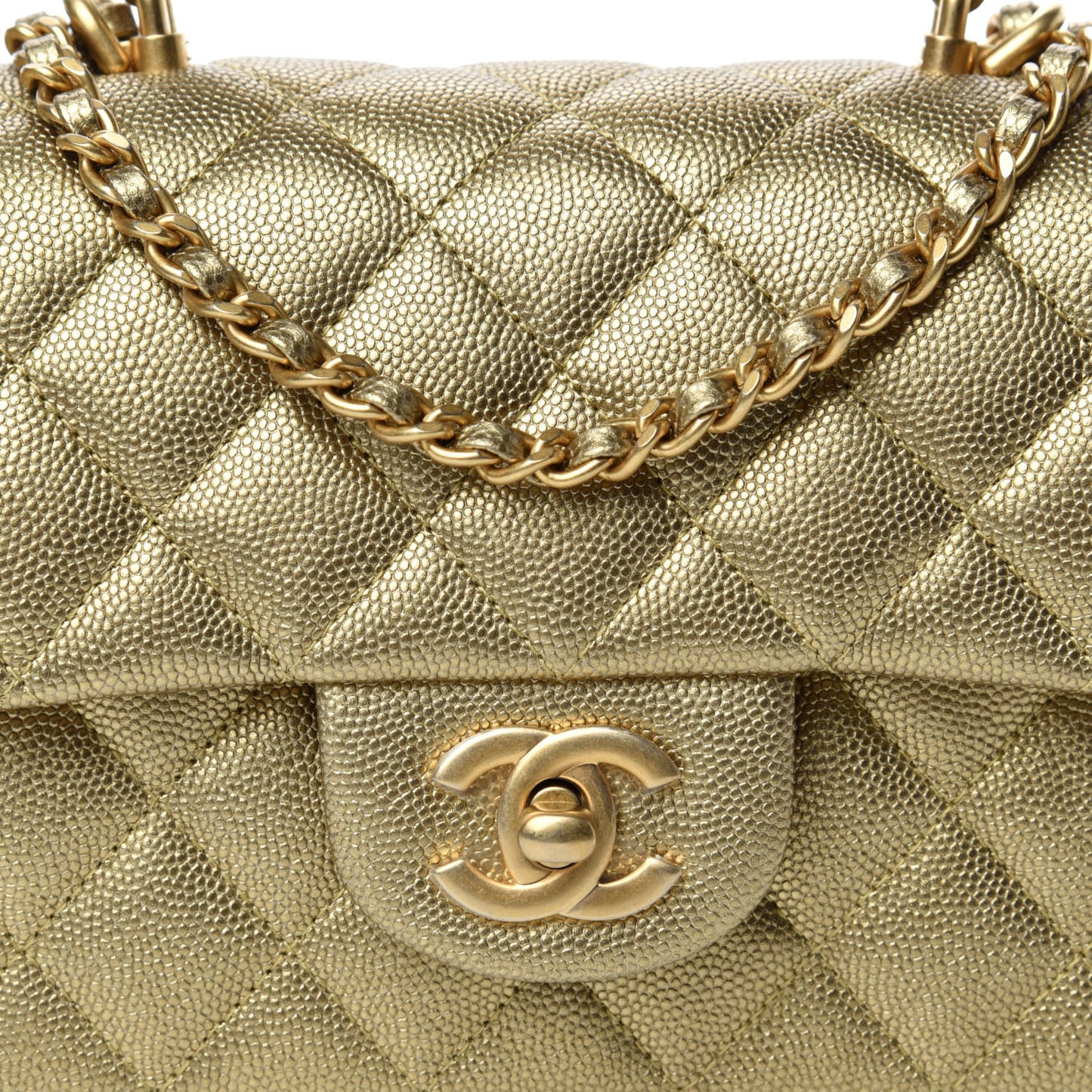 Metallic Caviar Quilted Mini Top Handle Rectangular Flap Gold