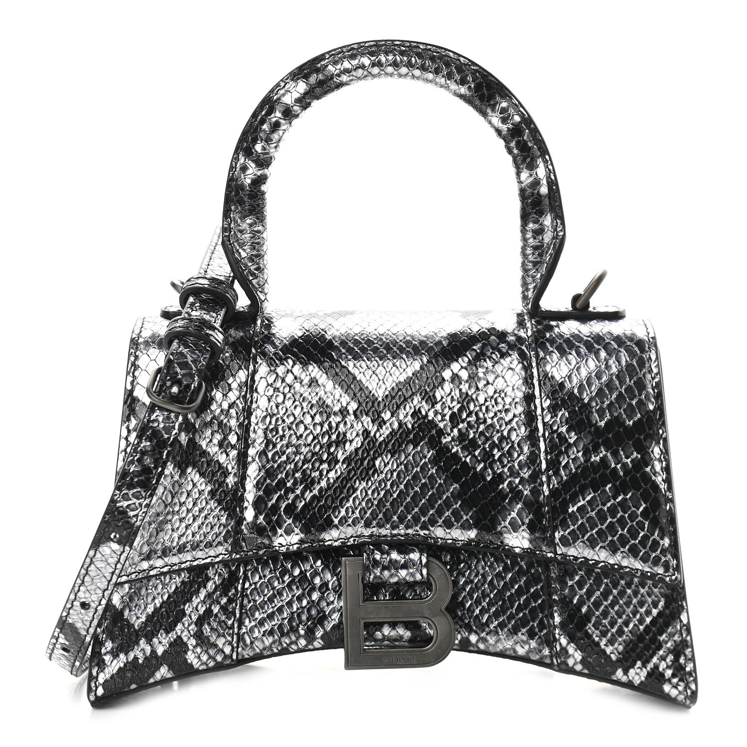 Balenciaga Shiny Calfskin Snakeskin Embossed Hourglass Top Handle Bag XS Silver Black 1 of 7