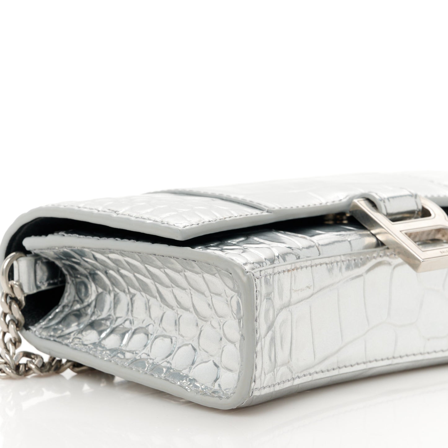 Metallic Calfskin Crocodile Embossed Hourglass Chain Bag  Silver