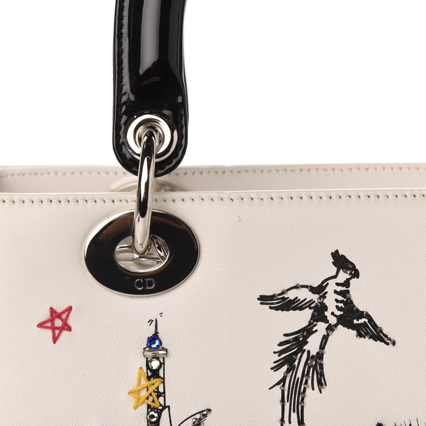 Smooth Calfskin Eiffel Tower Embroidered Medium Lady Dior White Multicolor