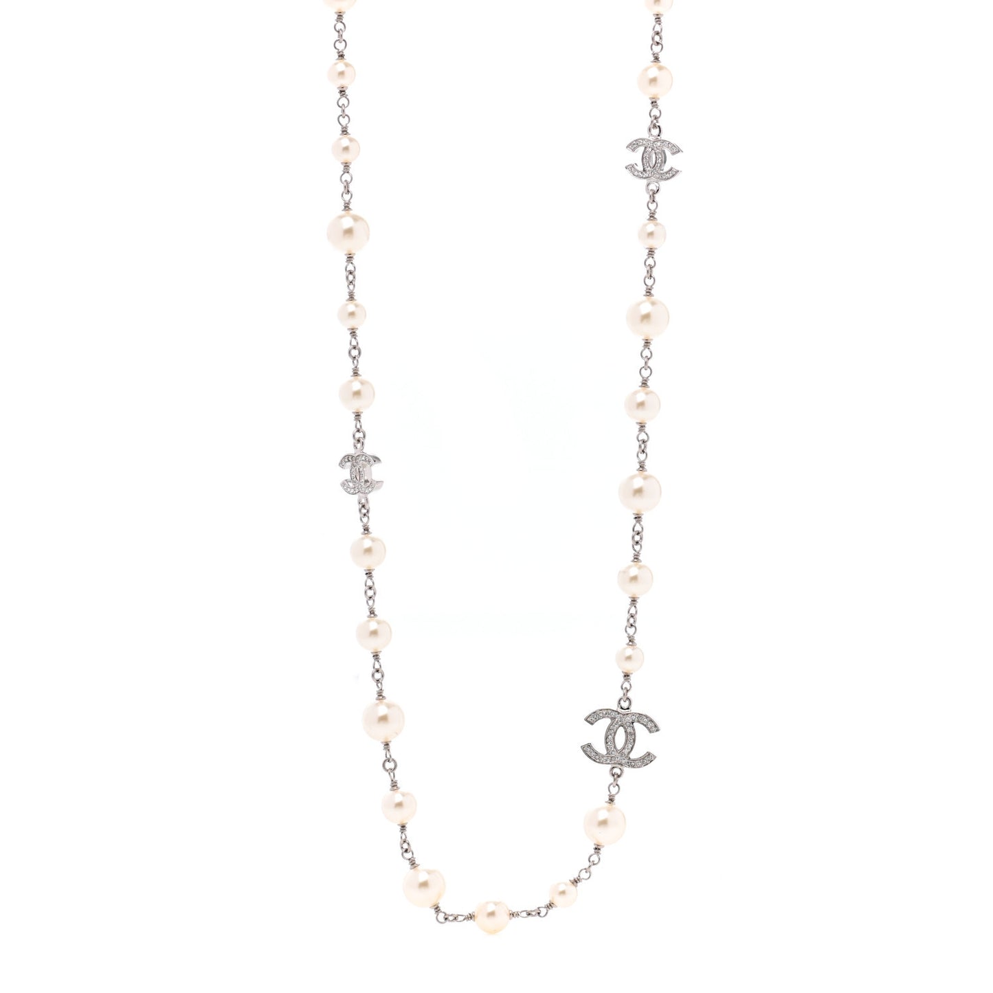 Crystal Pearl CC Long Necklace Silver