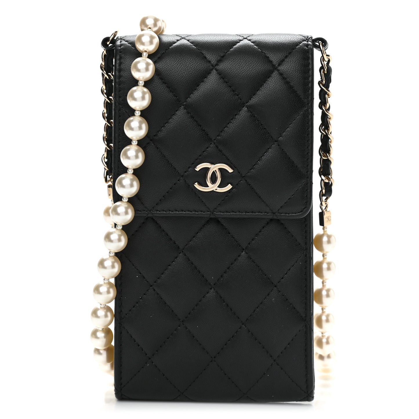 Lambskin Quilted Pearl Phone Holder With Chain Black