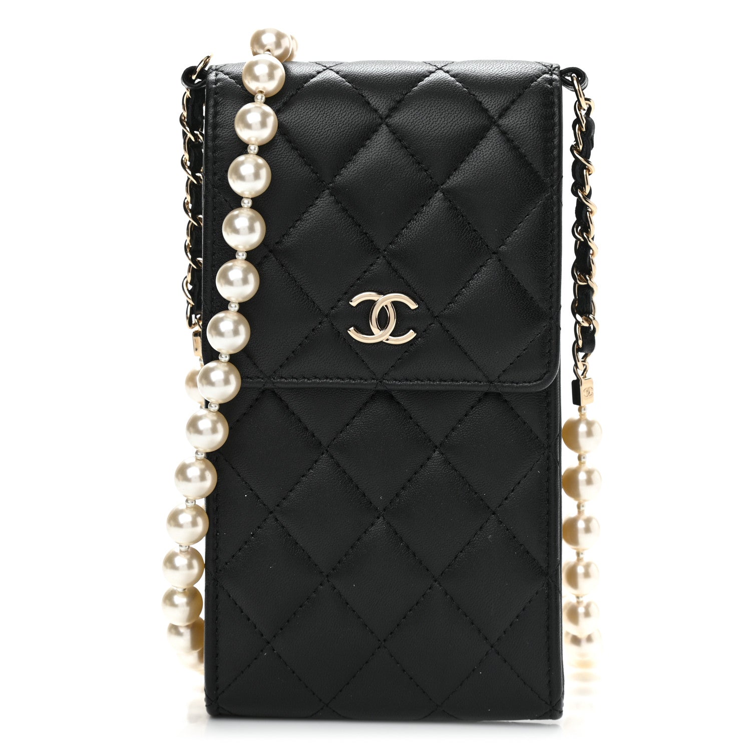 Chanel Lambskin Quilted Pearl Phone Holder With Chain Black 1 of 12