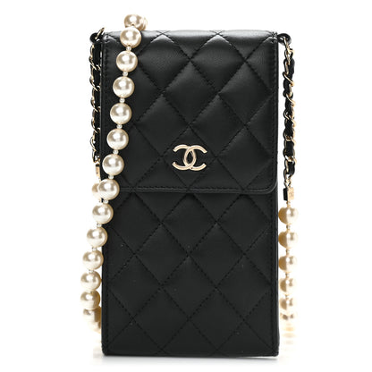 Chanel Lambskin Quilted Pearl Phone Holder With Chain Black 1 of 12