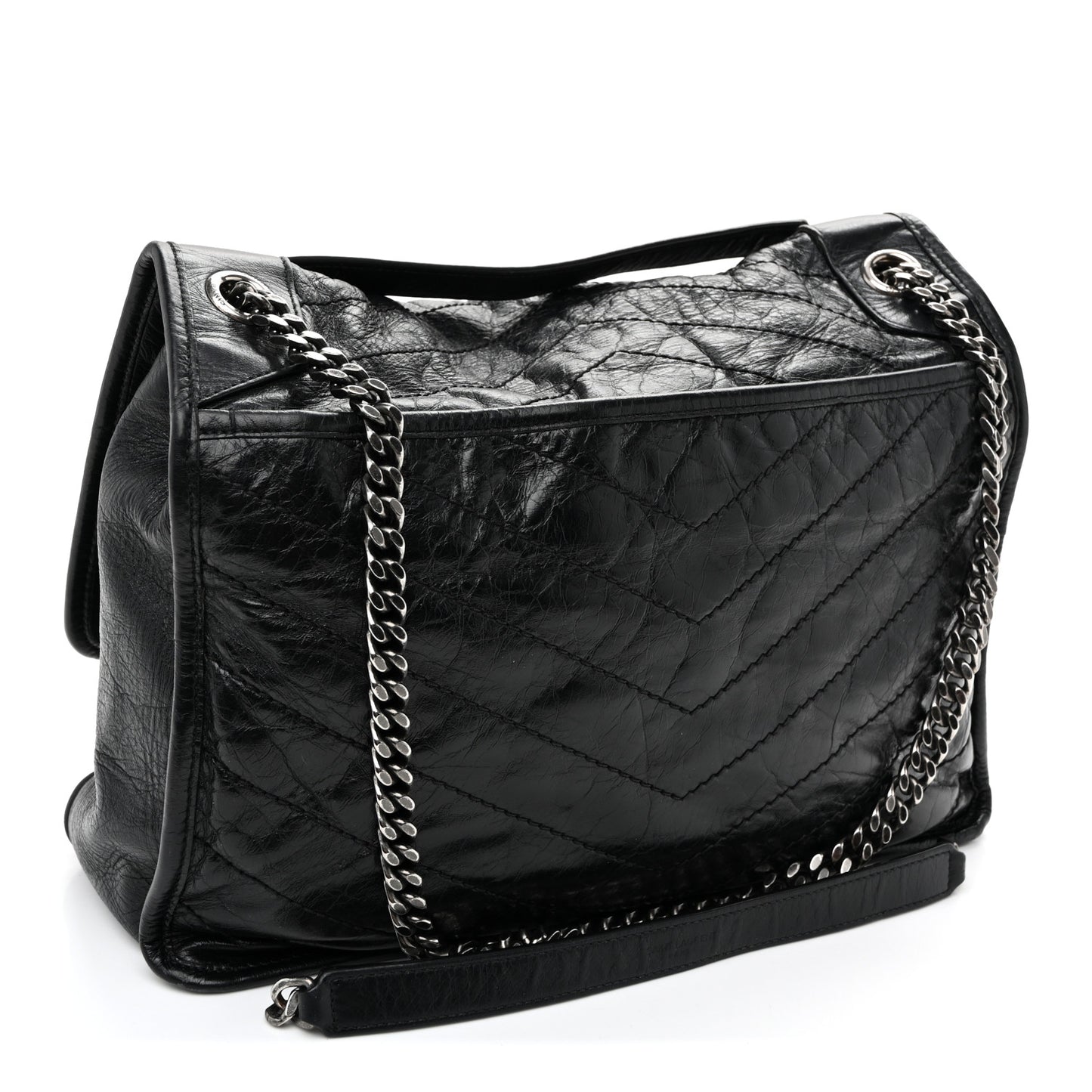 Crinkled Calfskin Matelasse Monogram Large Niki Chain Satchel Black