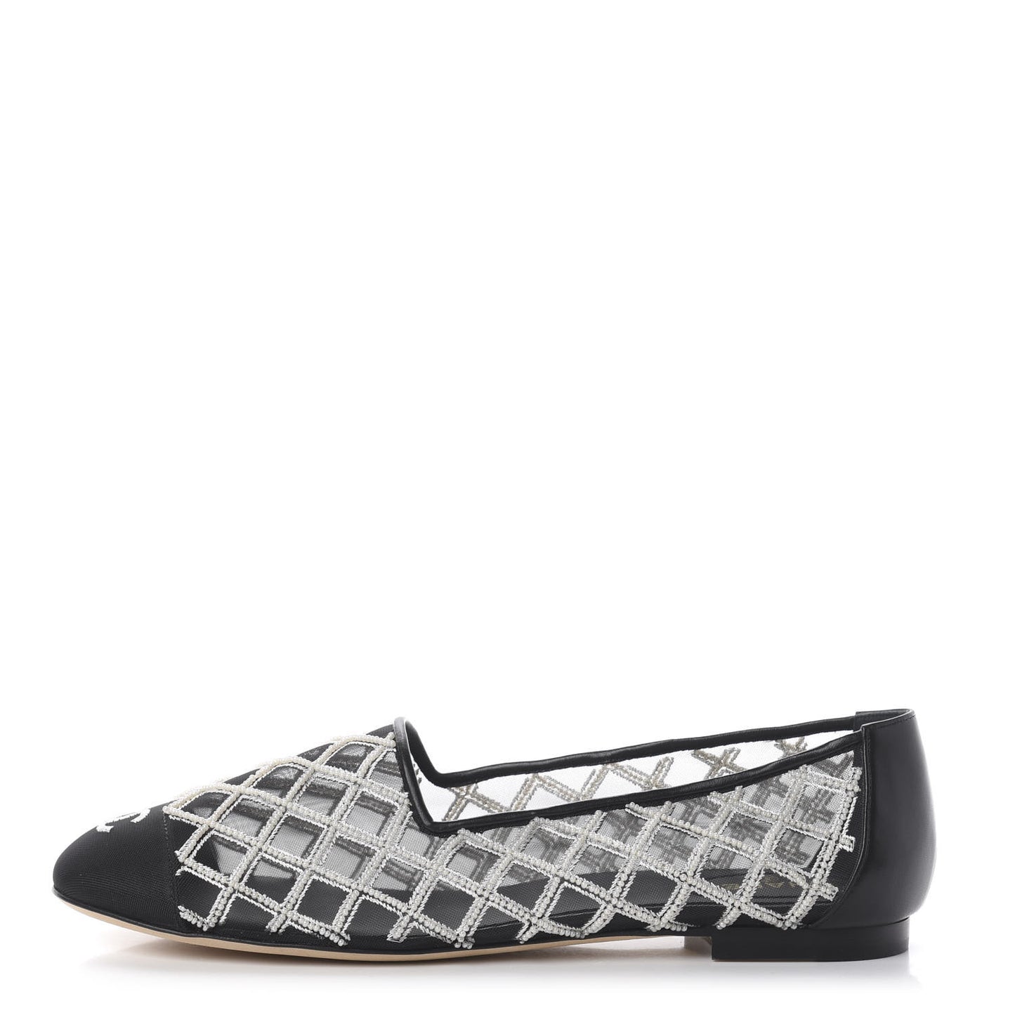 Mesh Pearl Grosgrain Cap Toe CC Loafers 40.5 Black Ivory