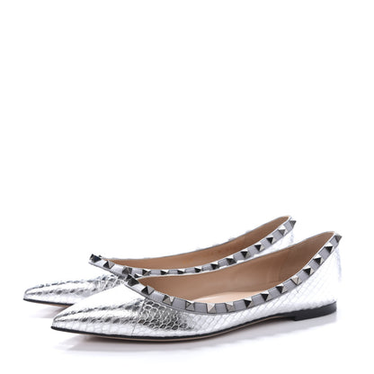 Valentino Garavani Metallic Elaphe Snakeskin Rockstud Ballerina Flats 37.5 Silver 3 of 8