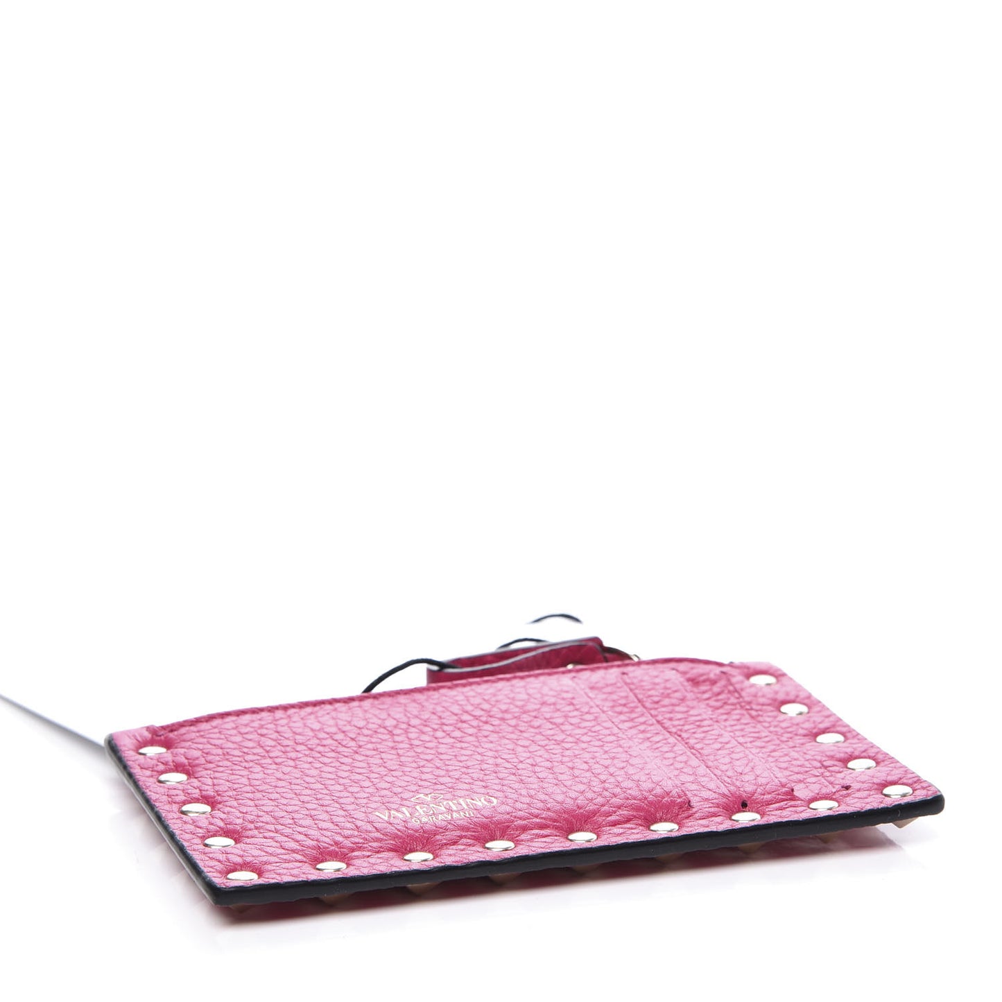 Pebbled Calfskin Rockstud Coin Case Card Holder Disco Pink