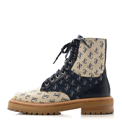 Jimmy Choo Jacquard Monogram Calfskin Cora Flat Combat Boots 39 Sand Dune 1 of 9