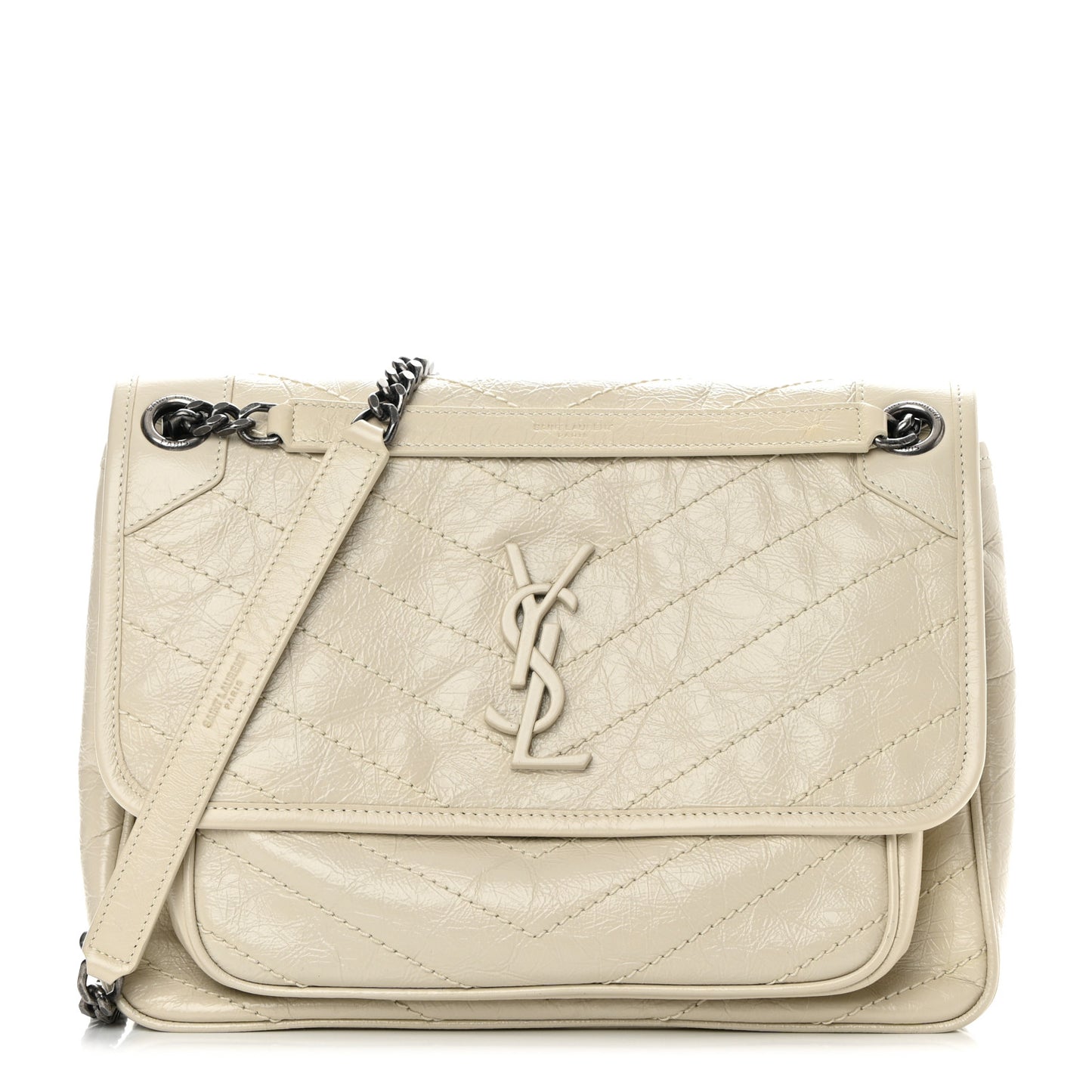 Crinkled Calfskin Matelasse Monogram Medium Niki Chain Satchel Ivory
