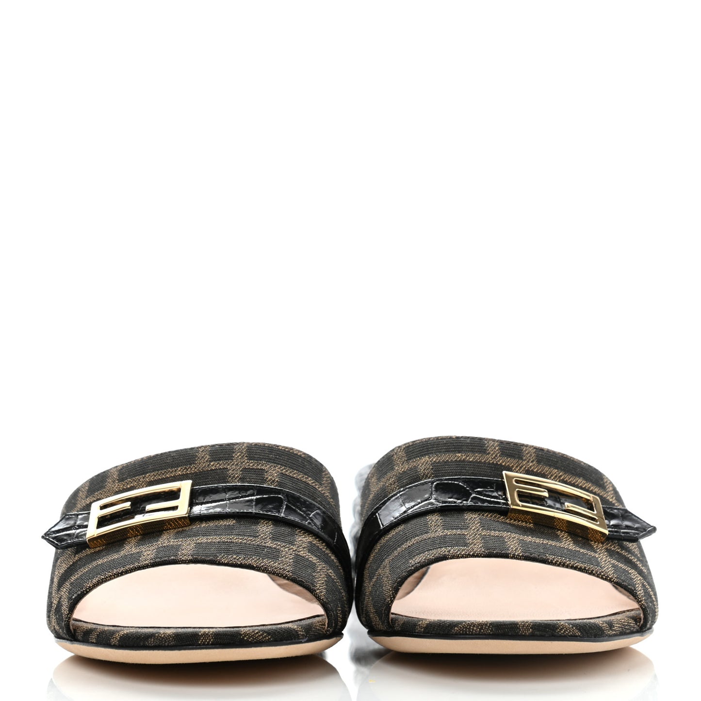 Jacquard Calfskin FF Crocodile Embossed Promenade Slide Sandals 37 Tobacco Moro Black