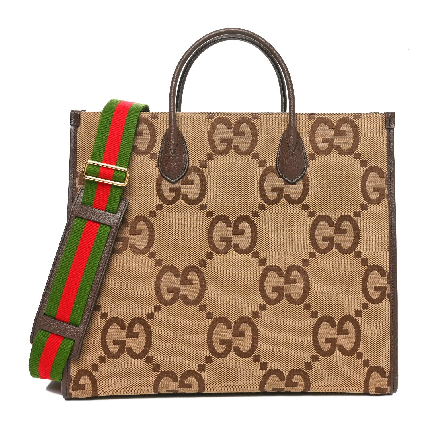 Gucci Monogram Jumbo GG Textured Dollar Calfskin Web Tote Bag Camel Ebony New Acero 1 of 11