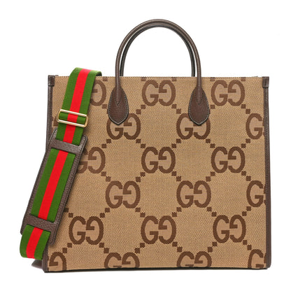 Gucci Monogram Jumbo GG Textured Dollar Calfskin Web Tote Bag Camel Ebony New Acero 1 of 11