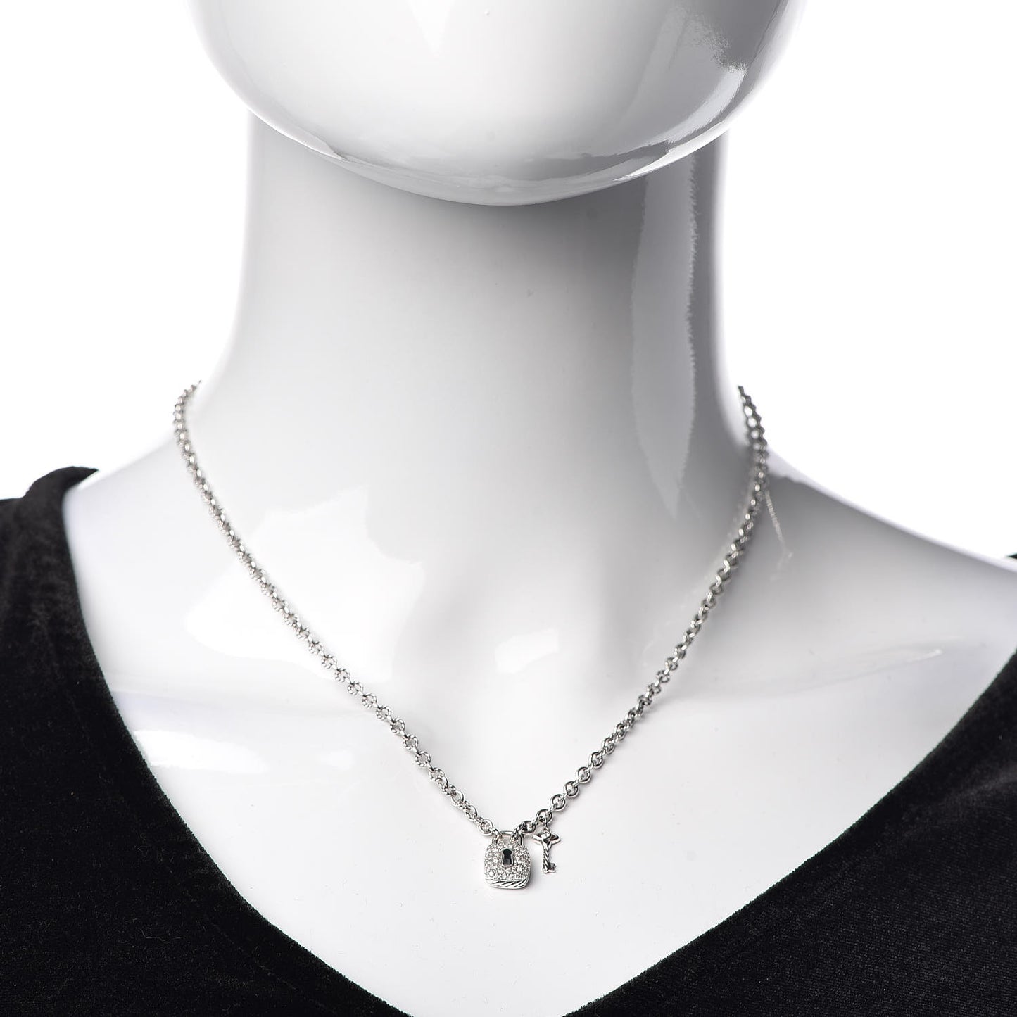 Sterling Silver Diamond Cable Collectibles Lock and Key Charm Pendant Necklace