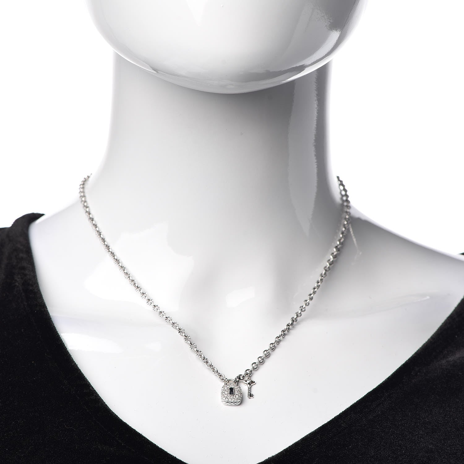 David Yurman Sterling Silver Diamond Cable Collectibles Lock and Key Charm Pendant Necklace 2 of 5