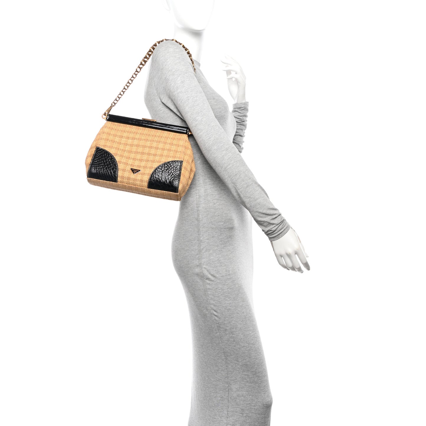 Straw Crocodile Woven Semitracolla Frame Bag Tabacco Black