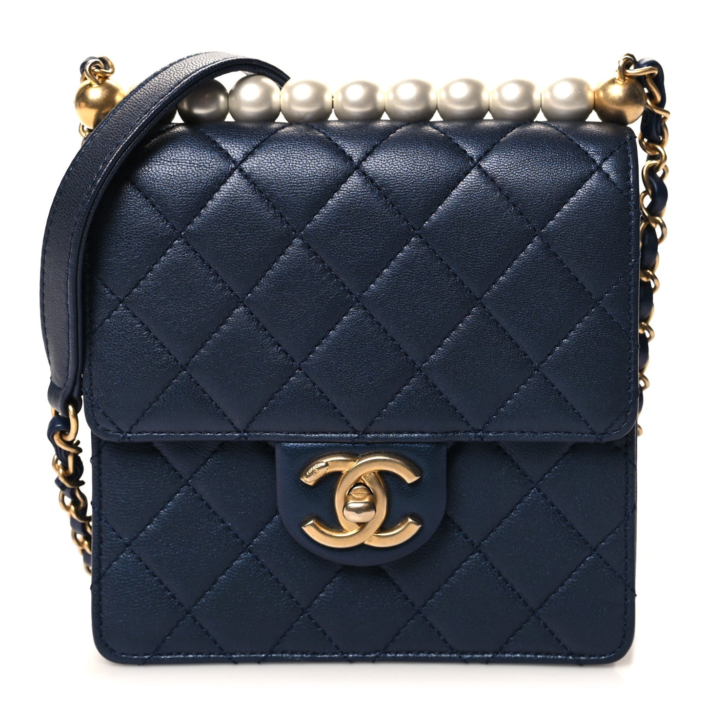 Iridescent Lambskin Quilted Chic Pearls Flap Navy Blue