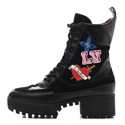 Louis Vuitton Suede Calfskin Monogram LV Black Heart Laureate Platform Desert Boots 37.5 Black 1 of 9